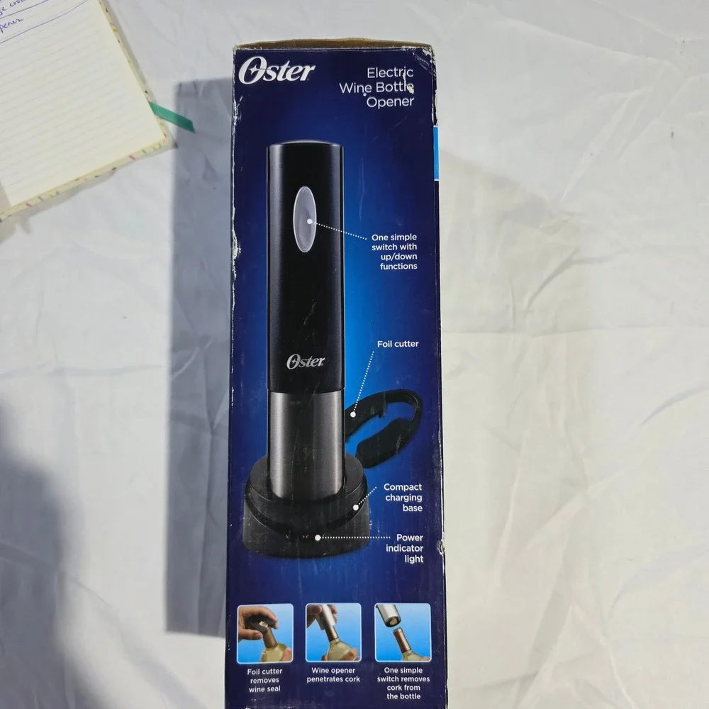 Oster Electric Wine Bottle Opener Cordless Rechargeable Black Silver FPSTBW8225